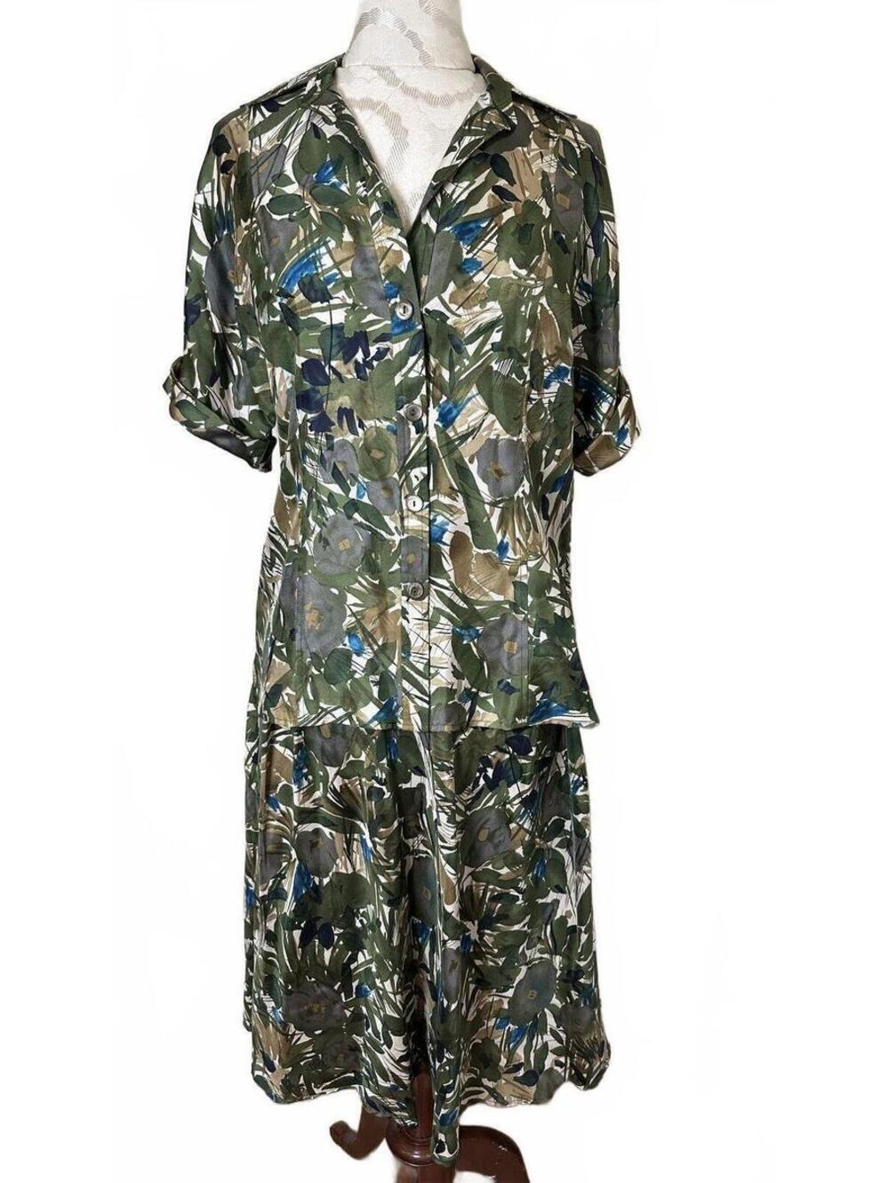 Jones of New York 100% Silk Women's Two Piece Top & Skirt Set Floral Size 12